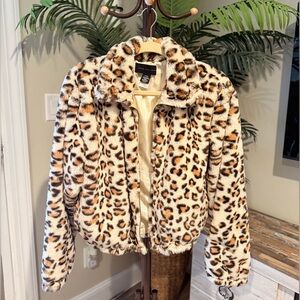 Leopard Print Faux Fur Jacket “know one cares” PINK